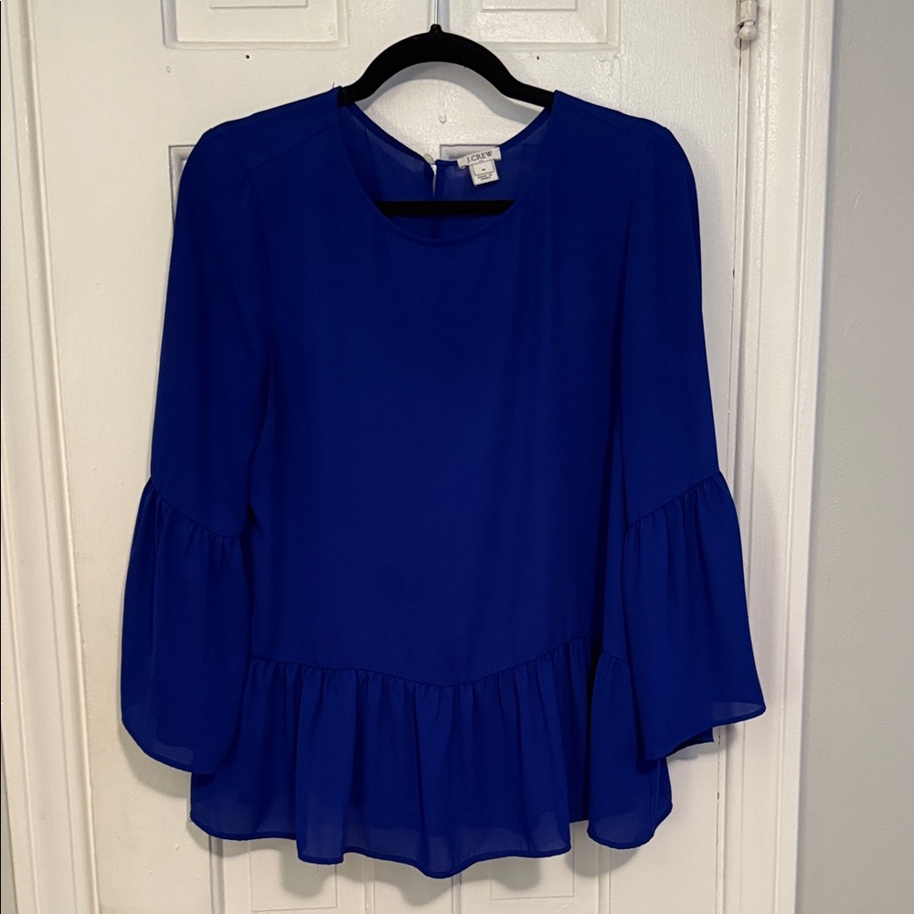 J Crew Royal Blue Ruffled Blouse with Flared Sleeves